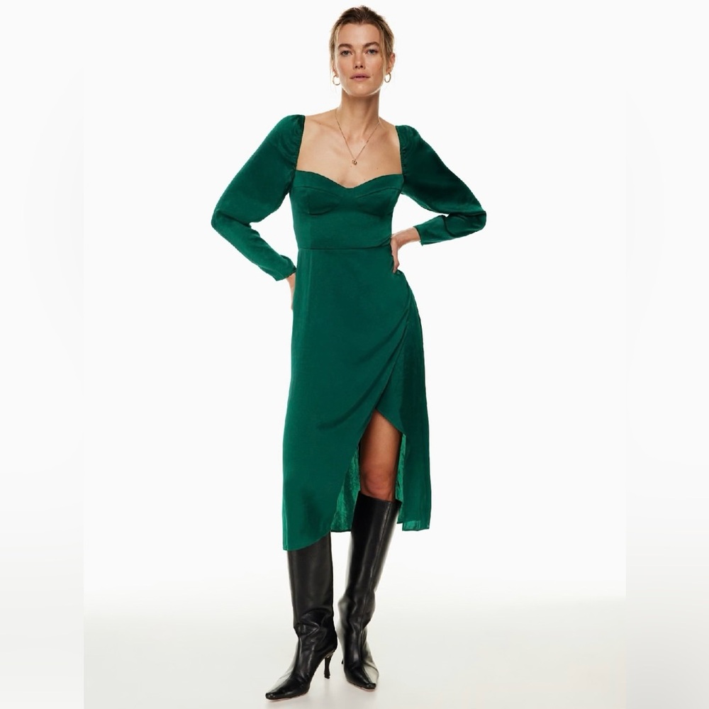 Aritzia Wilfred Masquerade Satin Bustier Midi Dress Long Sleeve Emerald Size 6